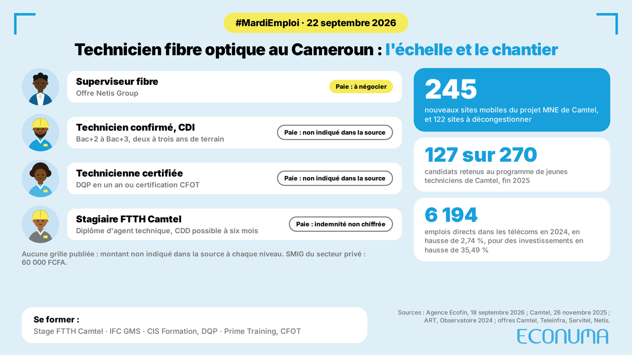 Infographie de l'échelle du technicien fibre au Cameroun et des chiffres du chantier MNE de Camtel, rémunération non publiée à chaque niveau ». Légende : « Ce que chaque marche exige, ce que le chantier mobilise, et ce qu'aucune grille ne chiffre.